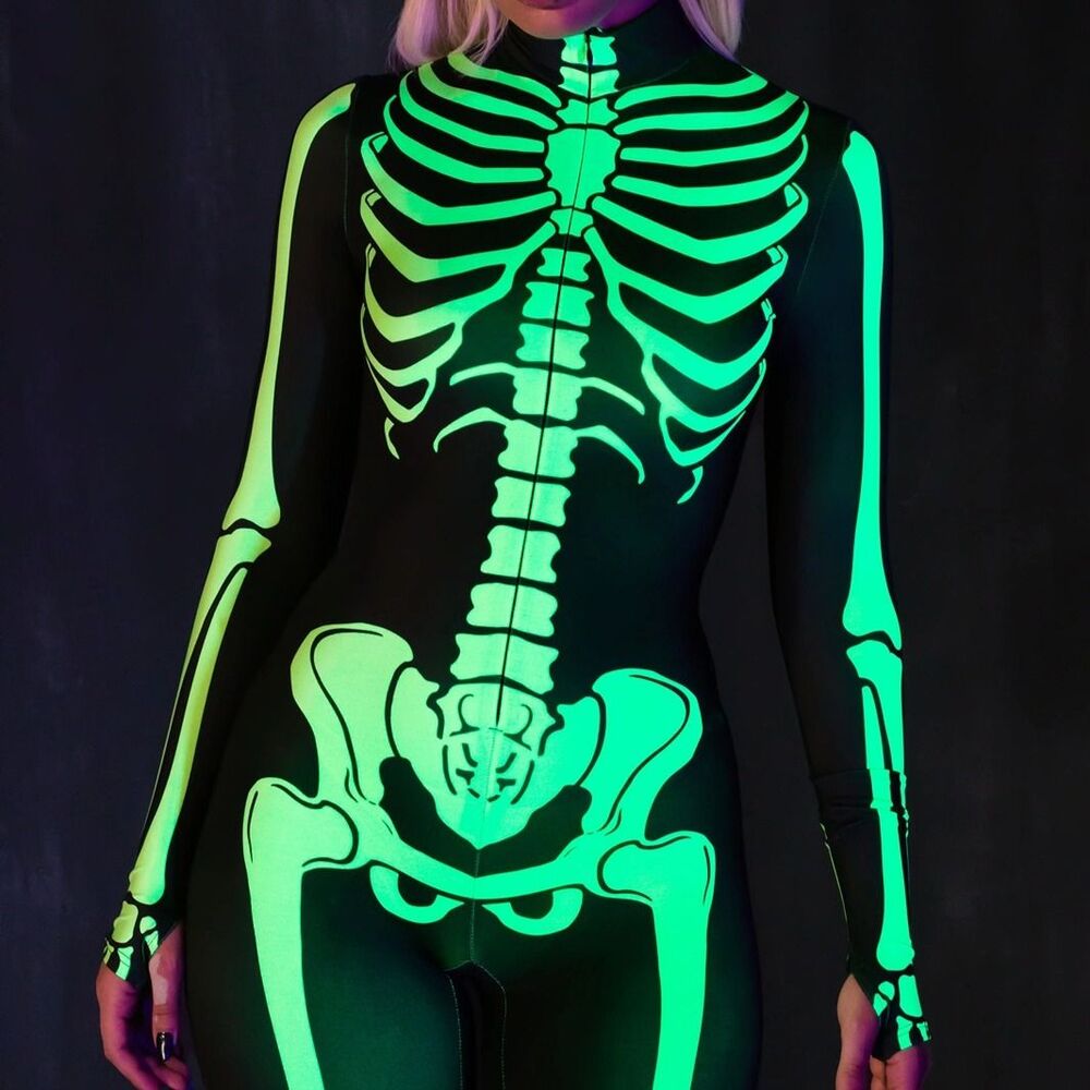 ADULT Skeleton Glow In The Dark Zip Jumpsuit Halloween Costume Gothic Size Sm